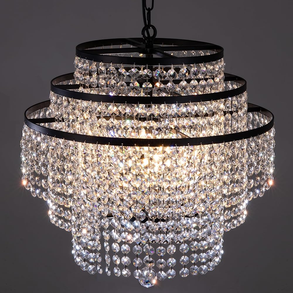 TOCHIC Crystal Chandelier, 3 Tiers Modern Black Ceiling Light Fixture ...