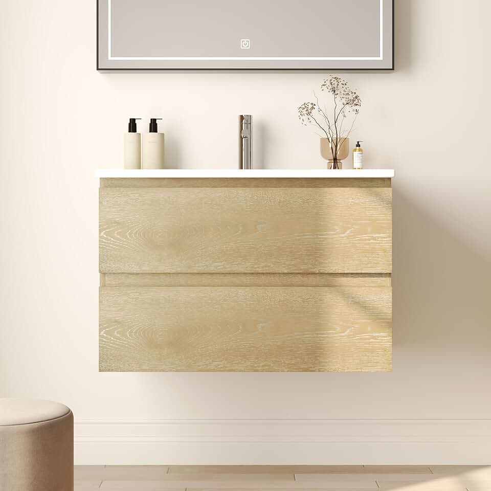 Deer Valley DV-1BV0152NW 30'' Wall Mounted Bathroom Vanity with Ceramic Sink Top, Pre-Assembled Modern Floating Wood Bathroom Cabinet Sink Combo with 2 Drawers