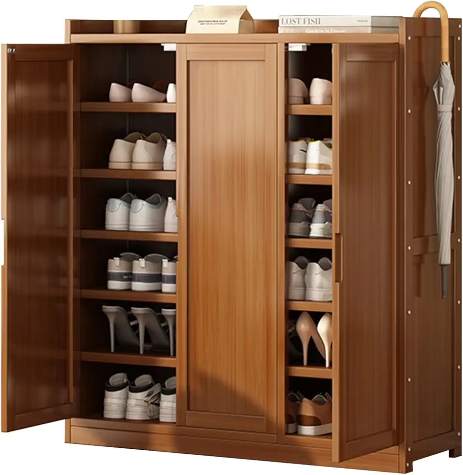 Bamboo Shoe Storage Cabinet Organizer for Entryway with Shutter Doors ...