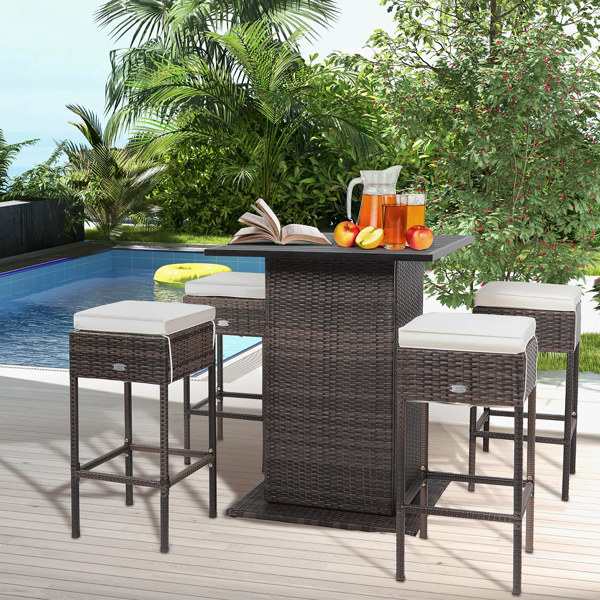 Gymax 5PCS Patio Bar Set Rattan Bar Furniture Set w/ Table & 4 ...