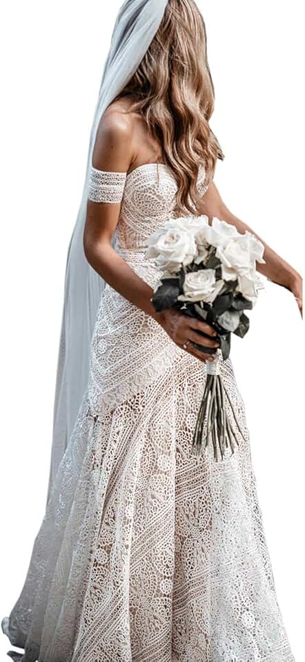 Women's Bohemian Wedding Dresses with Detachable Arm Bands Sweetheart Mermaid Lace Bridal Gown