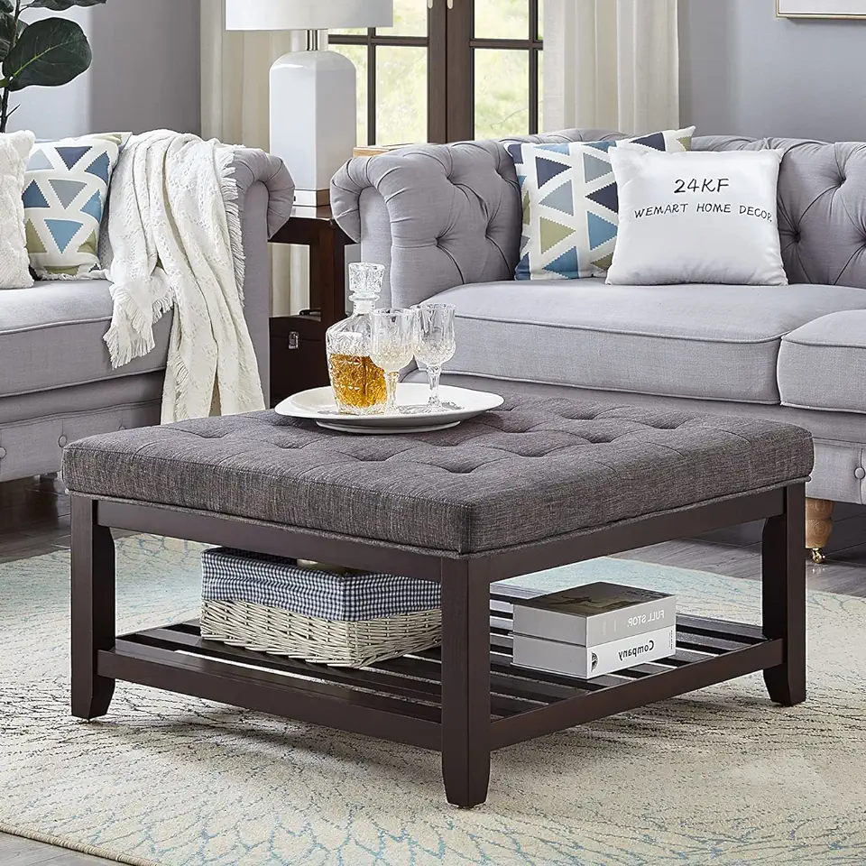 24KF Large Square Upholstered Tufted Linen Ottoman Coffee Table, Large ...