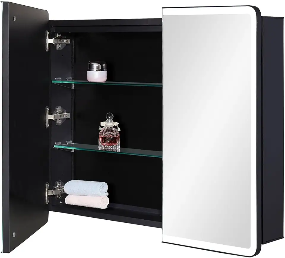 Lighted Bathroom Medicine Cabinet with Round Corner Framed Mirror Door ...