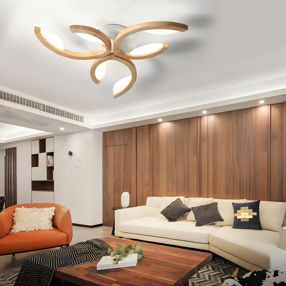 Multi-lights Floral Design Wood Semi Flush Mount Ceiling Light for Living Room
