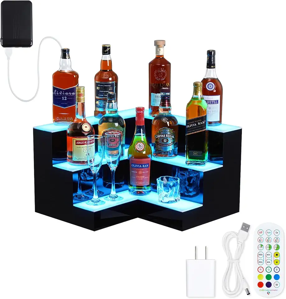 Phones Led Wine Rack LED Lighted Liquor Bottle Display Shelf - 3-Step, 20-Inch, Remote & App ...