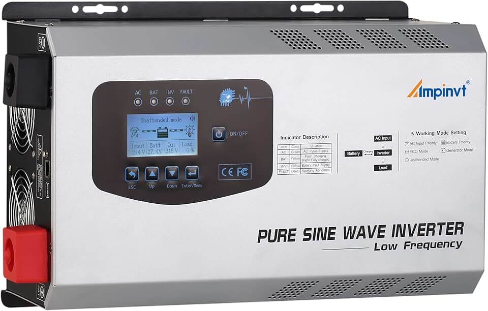 2000W Peak 6000W Pure Sine Wave Power Inverter Charger DC 12V To 120V AC Output Converter With LCD Display, Off Grid Low-Frequency Inverter For Sealed Gel AGM Flooded Lithium Battery Charger… In