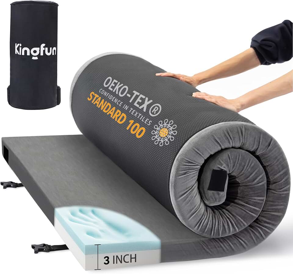 KingChii CertiPUR-US Materasso da campeggio in memory foam, portatile, arrotolabile, da viaggio, per auto, campeggio, materassino da pavimento, lettino per gli ospiti, con copertura impermeabile e