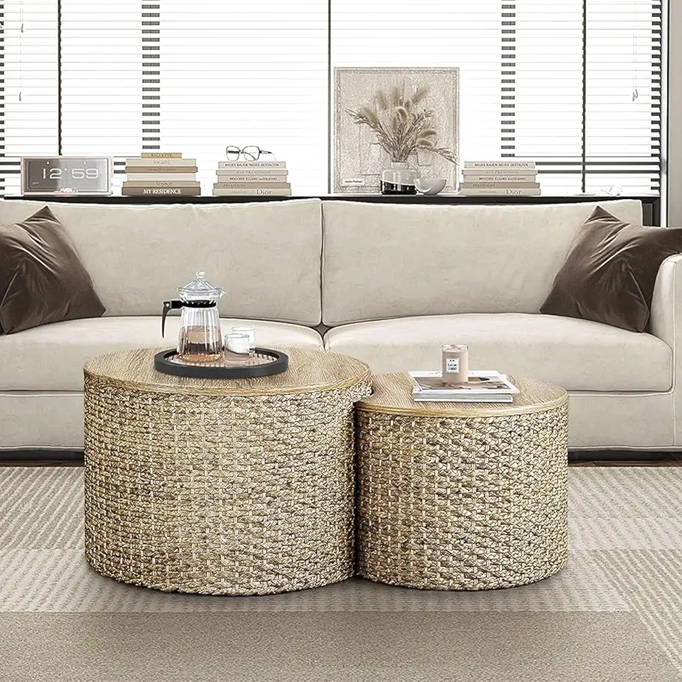 Nesting Coffee Table (Set of 2), Rustic Round Coffee Table with Side ...