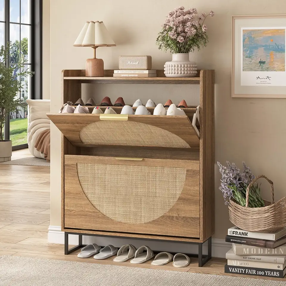 Maupvit Rattan Shoe Storage Cabinet with 2 Flip Drawers, Freestanding ...