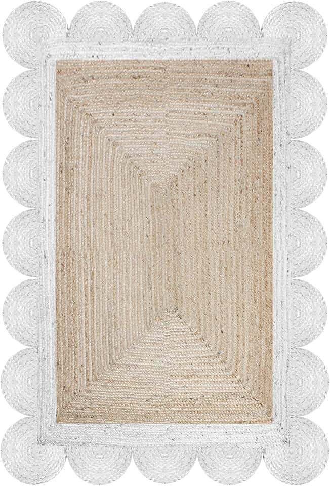 Runner - 5x10 Area Rug Kilim Rug Scalloped Rug Beige & White Braided ...