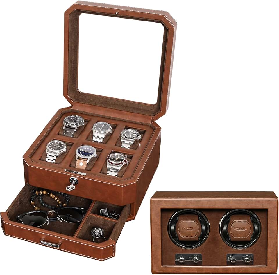 Gift Set 6 Slot Leather Watch Box with Valet Drawer & Matching Double ...