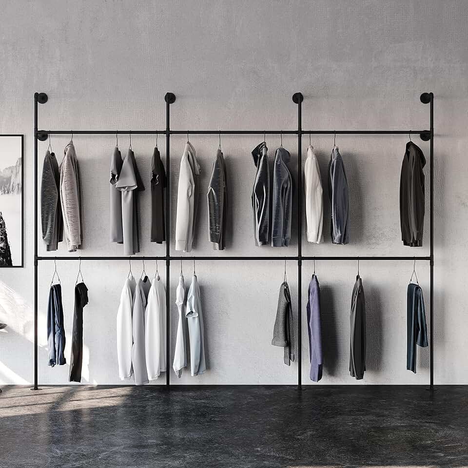pamo Industrial pipe clothing rack metal black - Wall mounted clothes ...