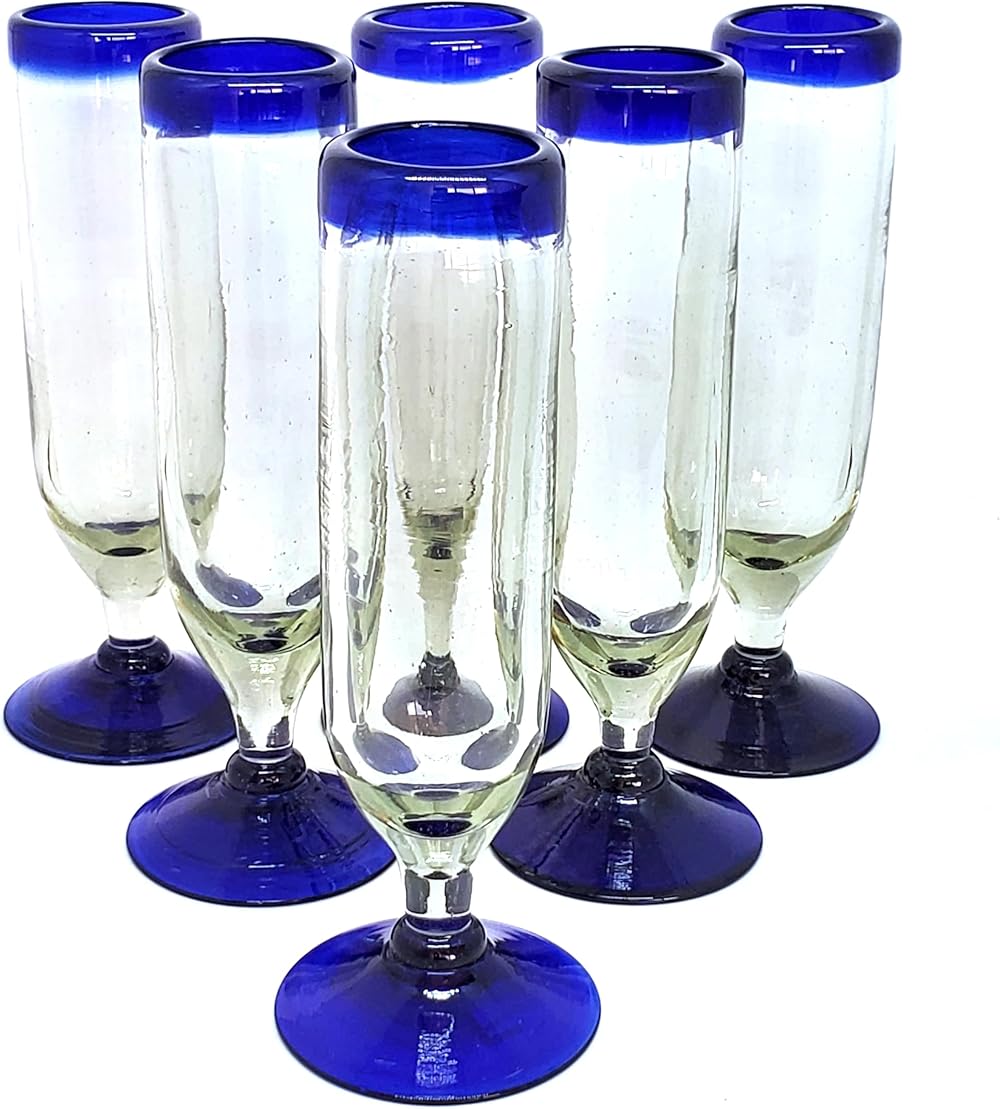 Mexhandcraft Cobalt Blue Rm Glasses, Set Of 6, Mexcan Handmade Glassware, Recycled Glass, Lead