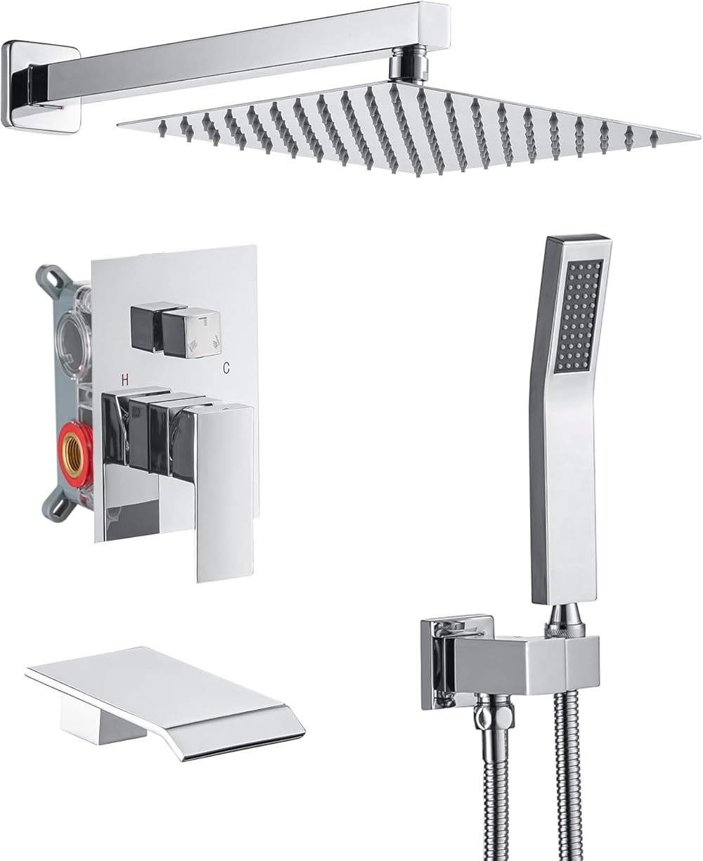 Aolemi Ceiling Mount Shower System, 10 Inch Rain Shower Head with Handheld Spray High Pressure Shower Faucet Set Rough-in Valve and Shower Trim Included Bathroom Polish Chrome Square Knob