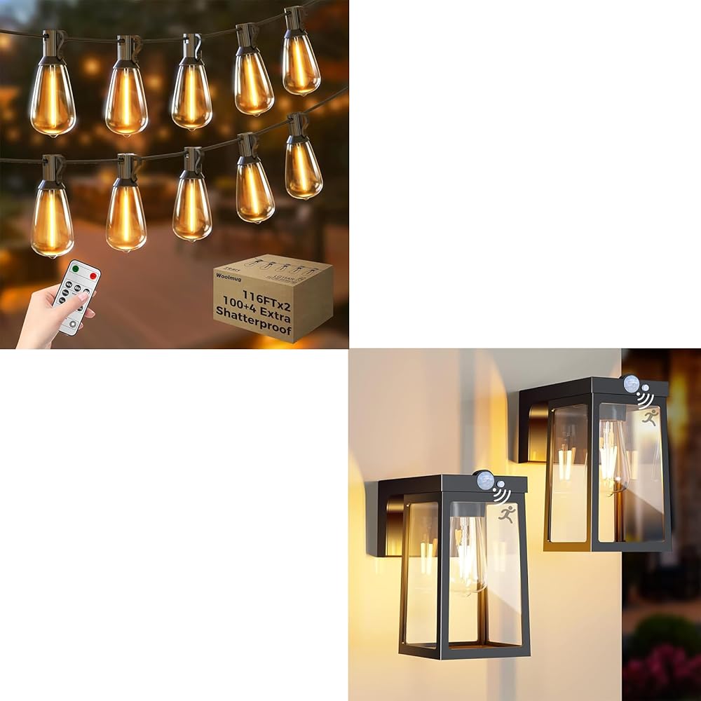 Woolmug 2 Pack Solar Porch Lights+232FT Patio Lights, Waterproof ...
