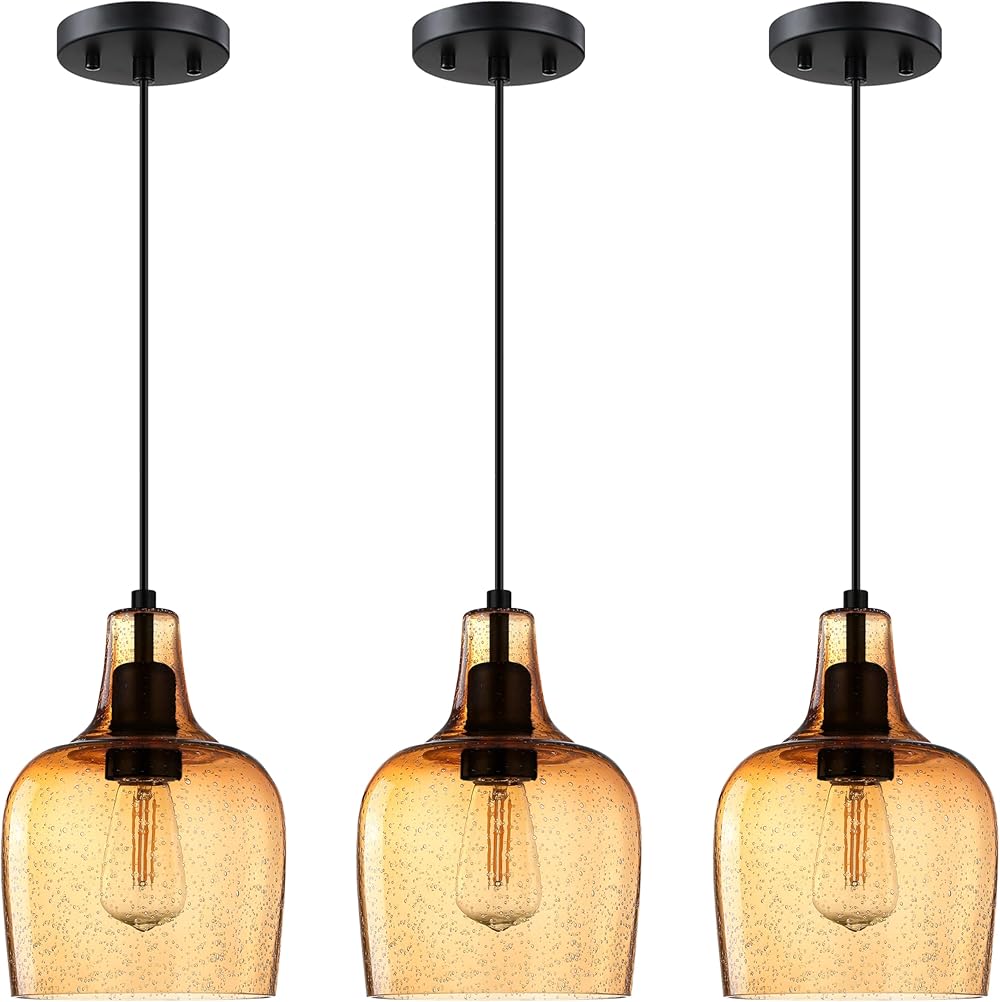 1 Light Hanging Pendant Light Kitchen Island 3 Pack 6.1" Seeded Amber Glass Hanging Ceiling ...