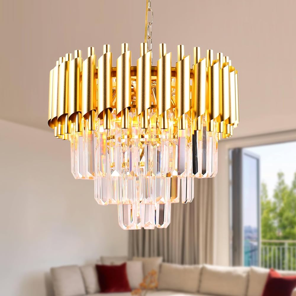 FRIXCHUR Modern Crystal Chandeliers 3-Tier Flush Mount Chandeliers Gold ...