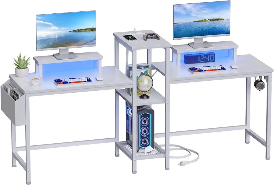 Bestier 71"" Gamer Desk, L-Shaped, LED, Monitor Stand, Power Outlets, Storage Shelf, Rustic