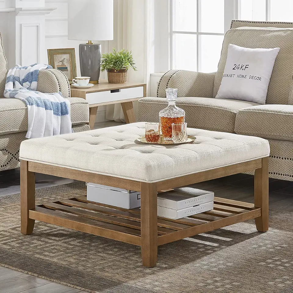 24KF Large Square Upholstered Tufted Linen Ottoman Coffee Table, Large ...