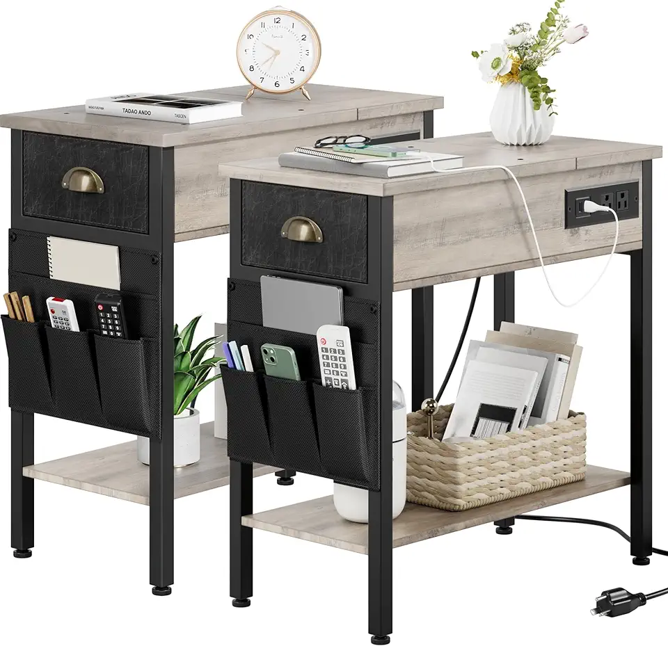 IDEALHOUSE Set of 2 End Side Table Living Room Bedroom with Charging ...