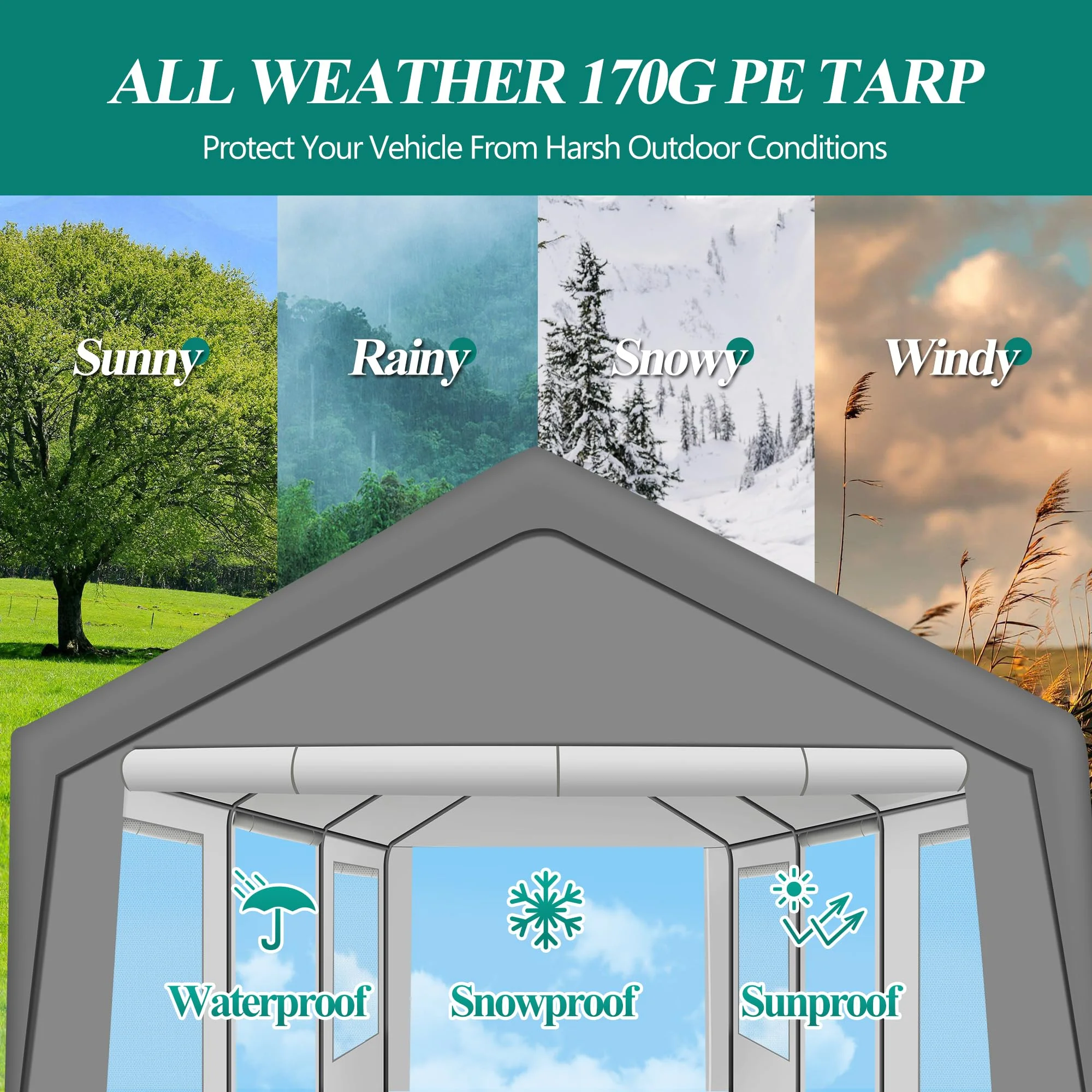 COVERONICS 10x20FT Extra Large Carport with Roll-up Doors - Heavy Duty Carport with Ventilation Windows. Portable Patio Carage with Sandbag for Auto. UTV. Boat Storage. Waterproof & Sunproof