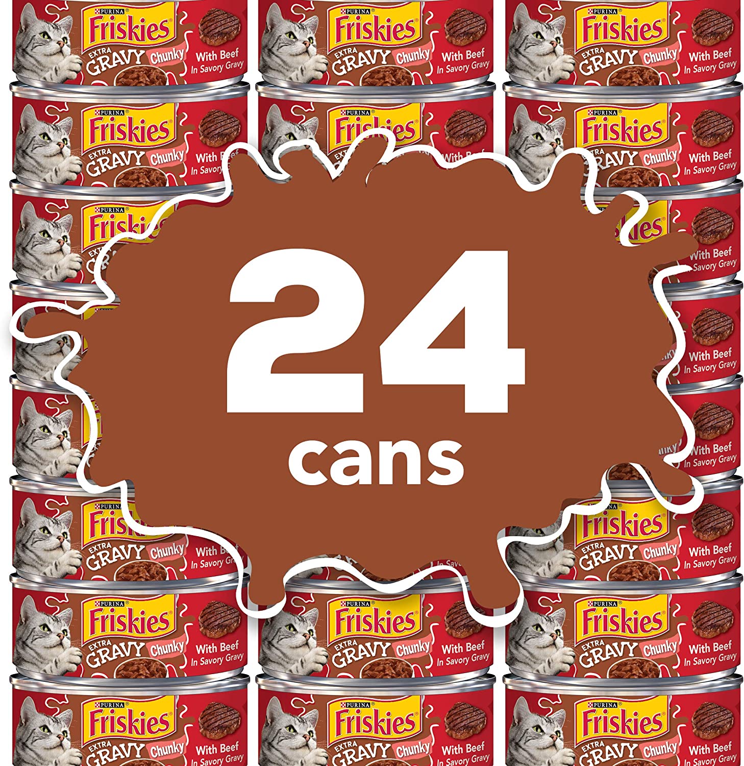 Purina Friskies Gravy Wet Cat Food Extra Gravy Chunky With Beef in Savory Gravy – (24) 5.5 oz. Cans