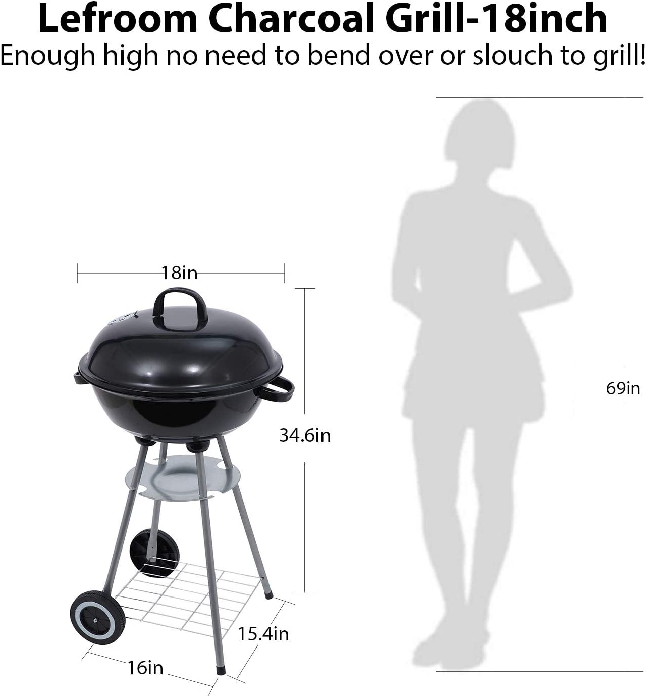 Charcoal Grill 18 inch Barbecue Grill with Waterproof Grill Cover for Outdoor Courtyard Picnic Camping Tailgating BBQ Kettle