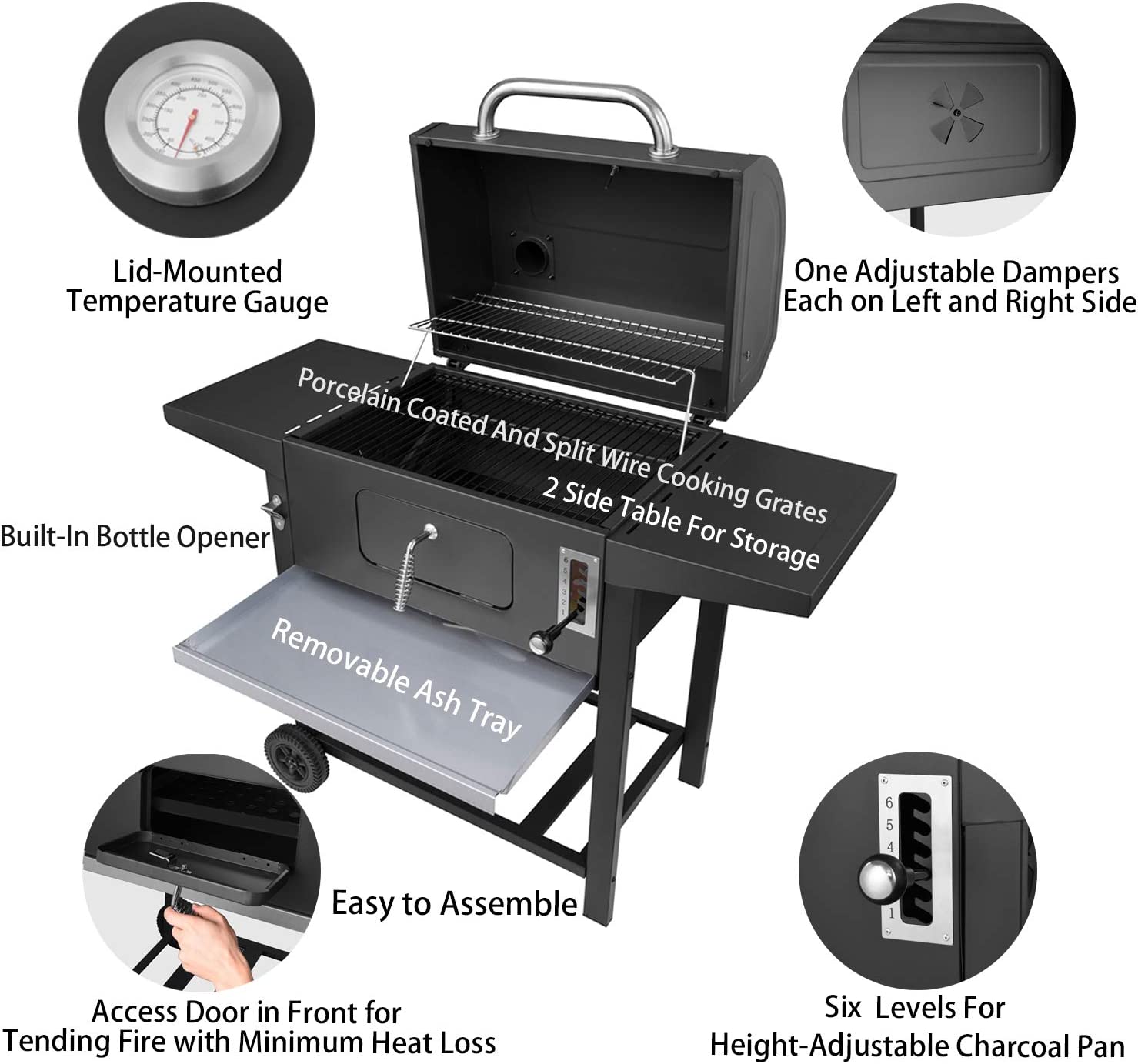 Royal Gourmet CD1824AC 24 in. BBQ Charcoal Grill in Black with 2-Side Table with Cover