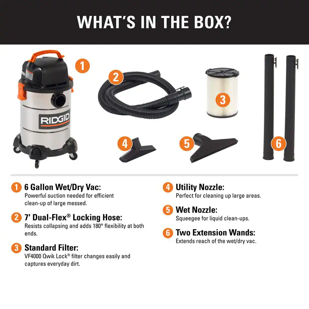 RIDGID WD6425 6 Gallon 4.25 Peak HP Stainless Steel Wet/Dry Shop Vacuum with Filter, Locking Hose and Accessories