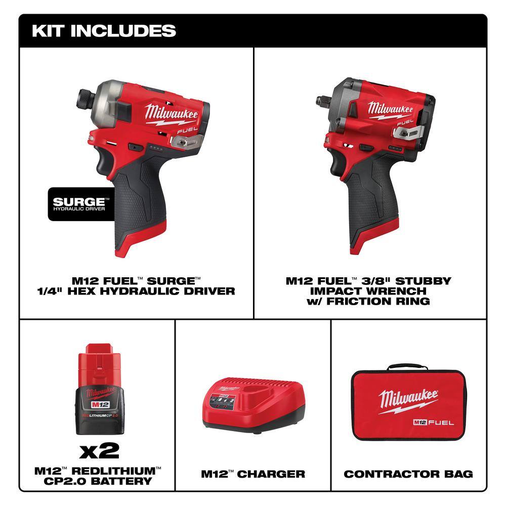 Milwaukee 2551-22-2554-20 M12 FUEL SURGE 12V Lithium-Ion Brushless Cordless 1/4 in. Hex Impact Driver Compact Kit & M12 FUEL 3/8 in. Impact Wrench