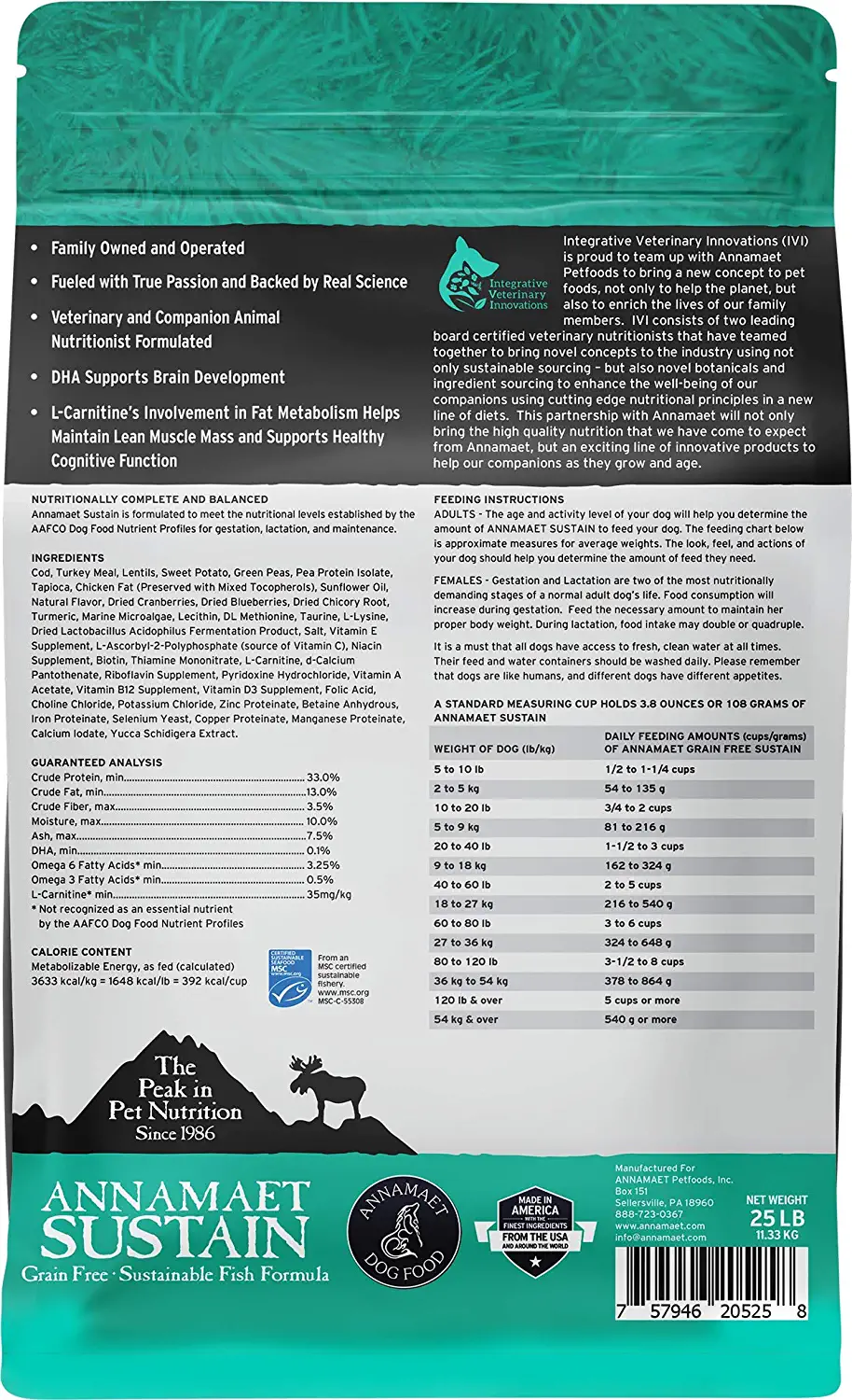 Annamaet Grain-Free Sustain Formula Dry Dog Food (Line-Caught Cod & Free-Range Turkey) 25-lb Bag