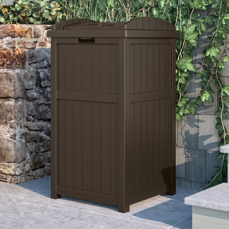 Suncast GH1732J 33 Gallon Can Resin Outdoor Trash Hideaway with Lid Use in Backyard, Deck, or Patio, Brown