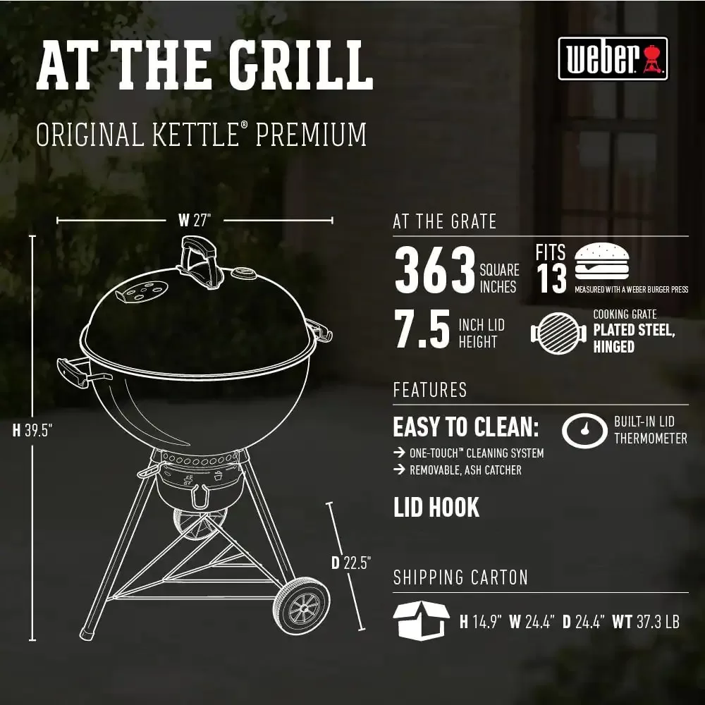 Weber 14401001 22 in. Original Kettle Premium Charcoal Grill in Black with Built-In Thermometer