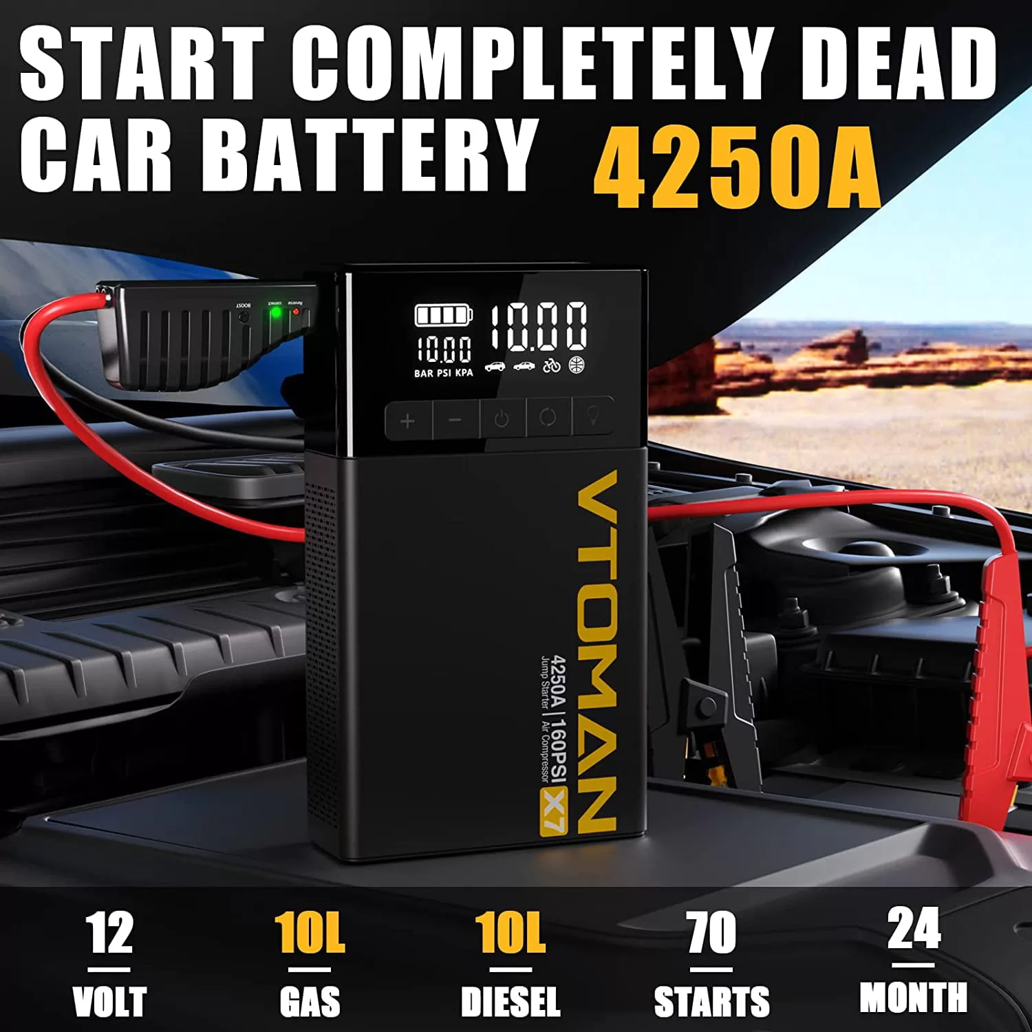 VTOMAN 4250A Car Jump Starter with 160Psi Cordless Tire Inflator, 24000mAh 12V X7 Jump Starter