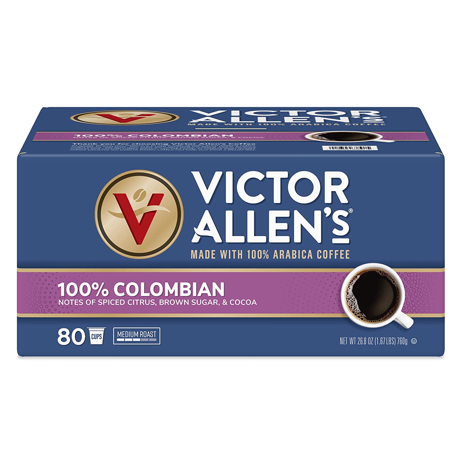 Victor Allen’s Coffee 100% Colombian Medium Roast 80 Count, Single Serve Coffee Pods for Keurig K-Cup Brewers