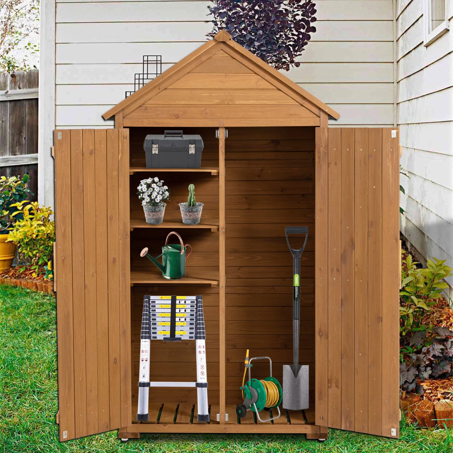 Outdoor Storage Cabinet with Large Storage Space. Garden Wood Tool Shed. Outside Wooden Shed Closet with Shelves and Latch for Yard Garden. Brown