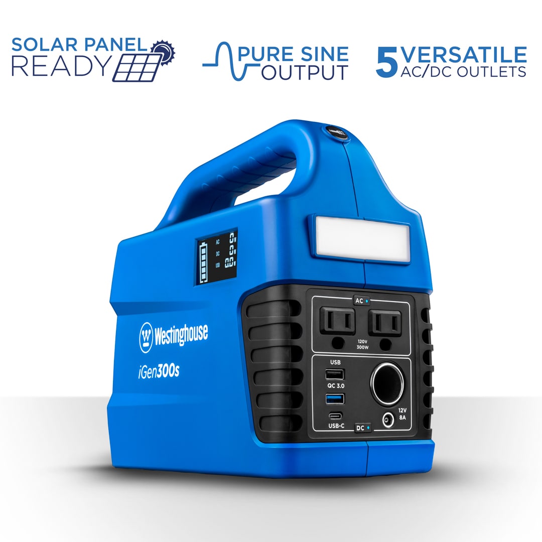 Westinghouse IGEN300S 300-Rated/600-Peak Watt Camping/RV Power Station 296-Watt Hour Portable Solar Generator