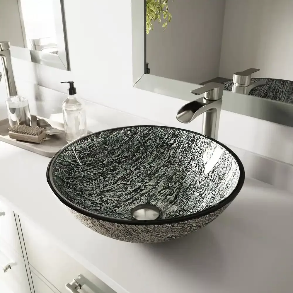 VIGO VG07050 Glass Round Vessel Bathroom Sink in Titanium Gray with Faucet in Brushed Nickel