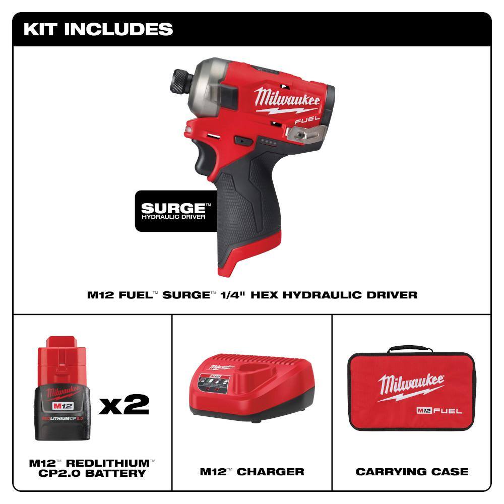 Milwaukee 2551-22 M12 FUEL SURGE 12V Lithium-Ion Brushless Cordless 1/4 in. Hex Impact Driver Compact Kit w/Two 2.0Ah Batteries, Bag