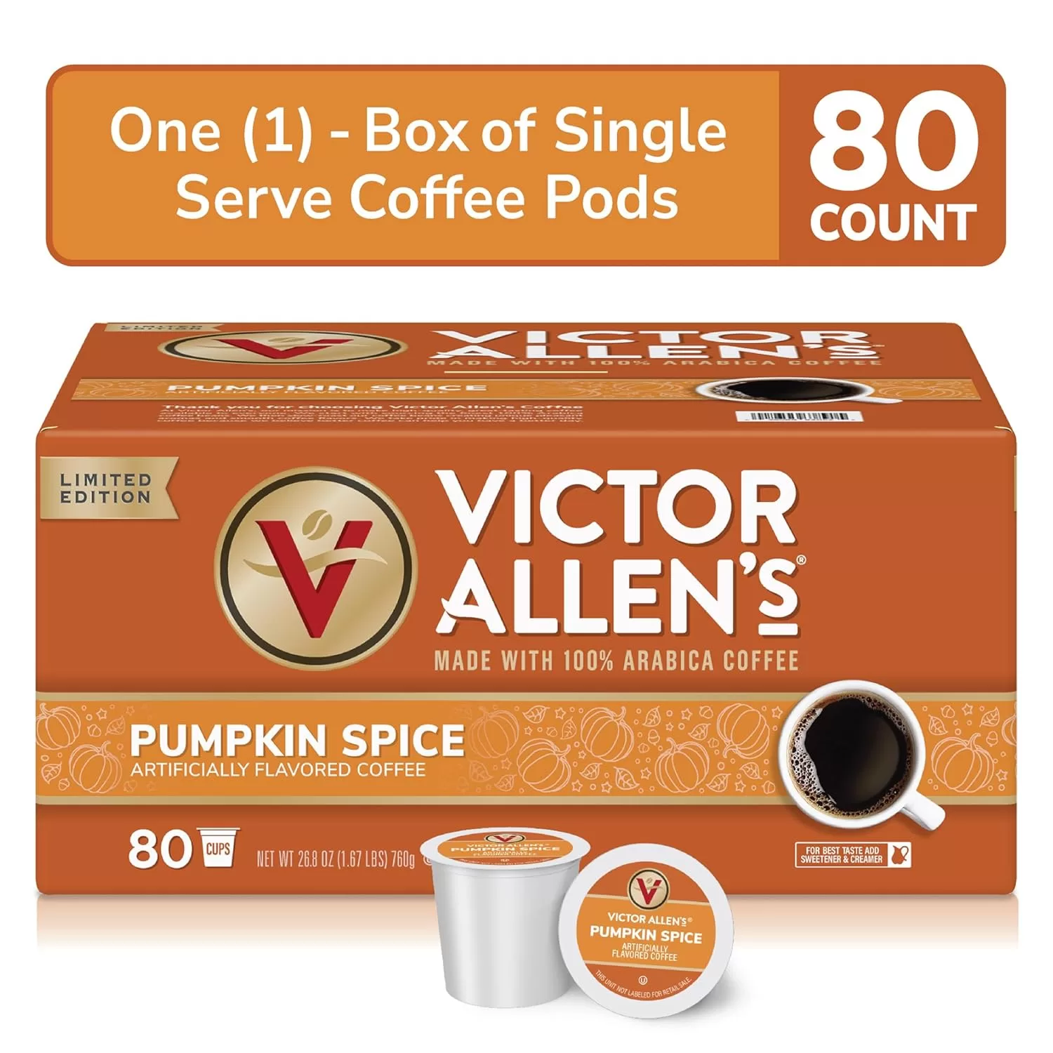 Victor Allen’s Coffee Pumpkin Spice Flavored, Medium Roast, 80 Count, Single Serve Coffee Pods for Keurig K-Cup Brewers