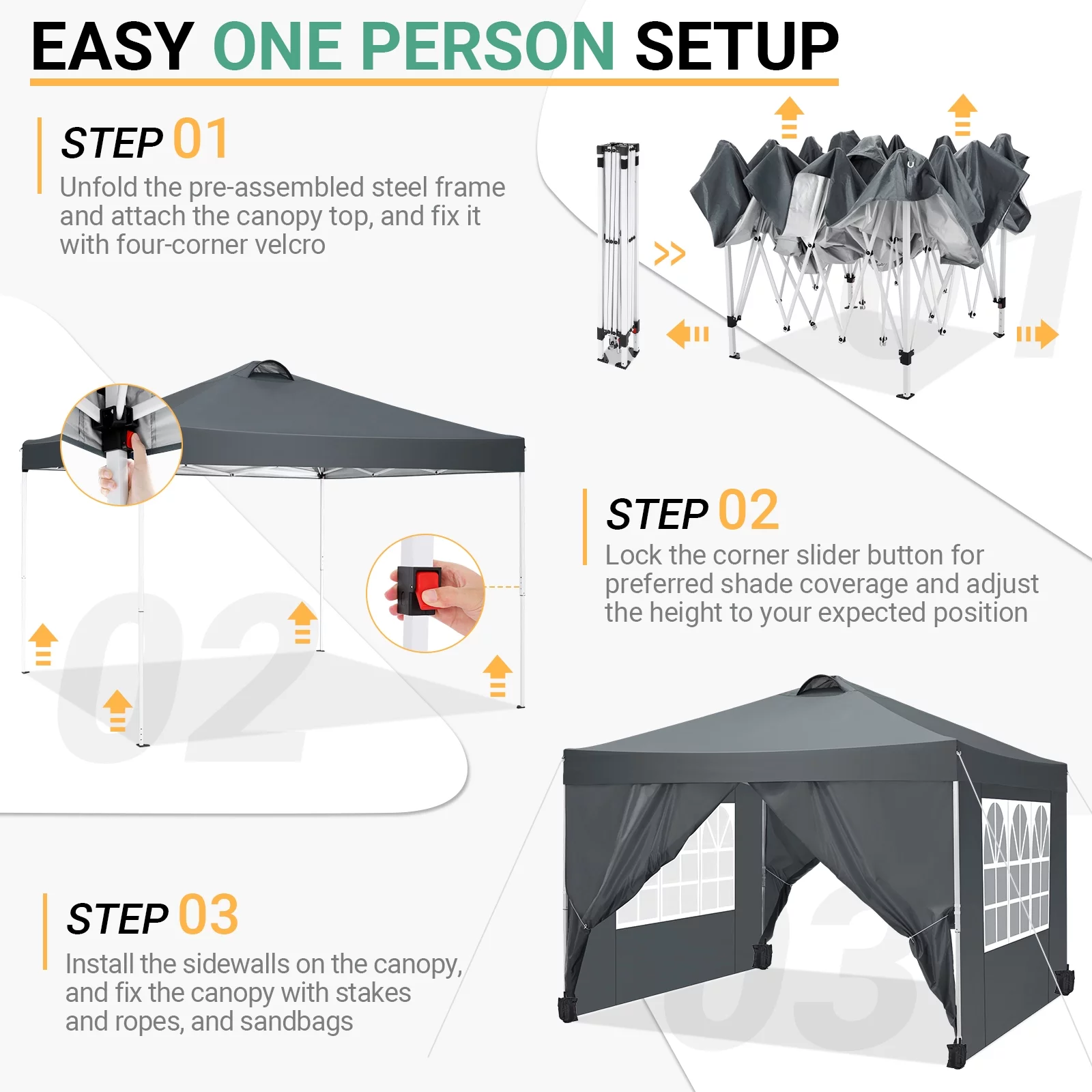 SANOPY 10' x 10' Straight Leg Pop-up Canopy Tent Easy Two Person Setup Instant Outdoor Canopy Folding Shelter with 4 Removable Sidewalls. Air Vent on The Top. 4 Sandbags. Carrying Bag. Gray