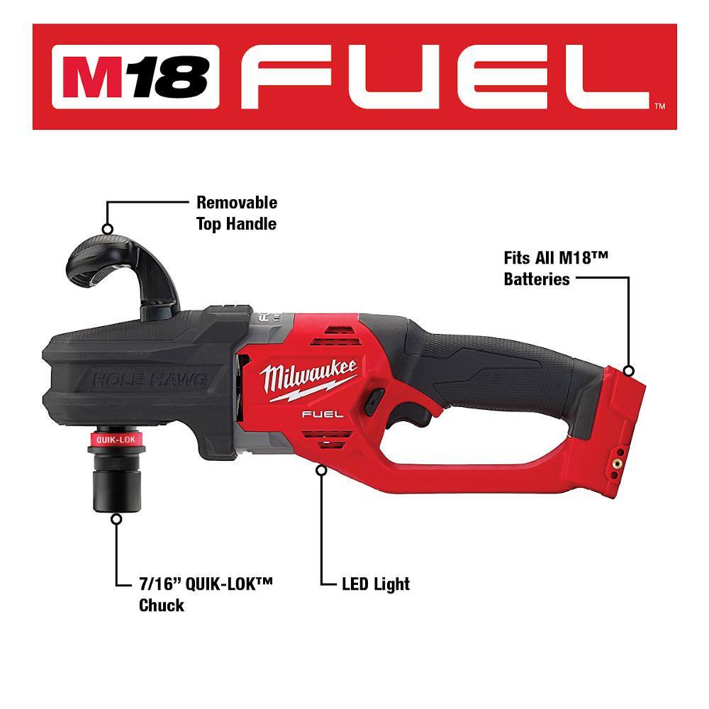 Milwaukee 2808-20 M18 FUEL 18V Lithium-Ion Brushless Cordless Hole Hawg 7/16 in. Right Angle Drill W/ Quick-Lok (Tool-Only)