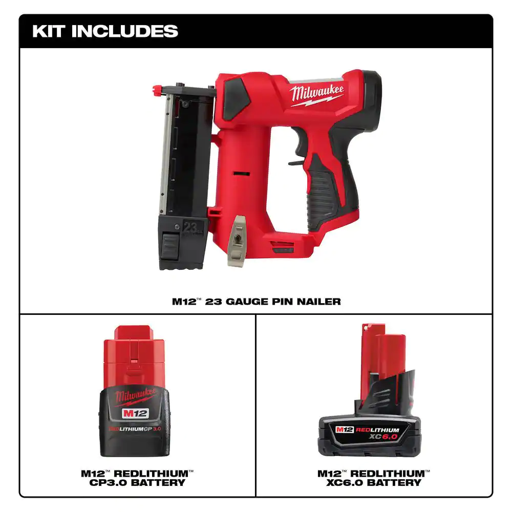 Milwaukee 2540-20-48-11-2460-48-11-2430 M12 12-Volt 23-Gauge Lithium-Ion Cordless Pin Nailer with M12 6.0Ah and M12 3.0Ah Battery Packs