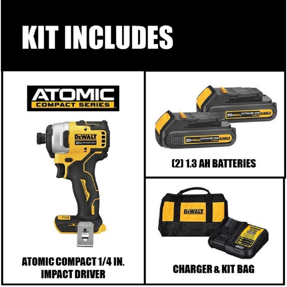 DEWALT DCF809C2 ATOMIC 20V MAX Cordless Brushless Compact 1/4 in. Impact Driver, (2) 20V 1.3Ah Batteries, Charger, and Bag
