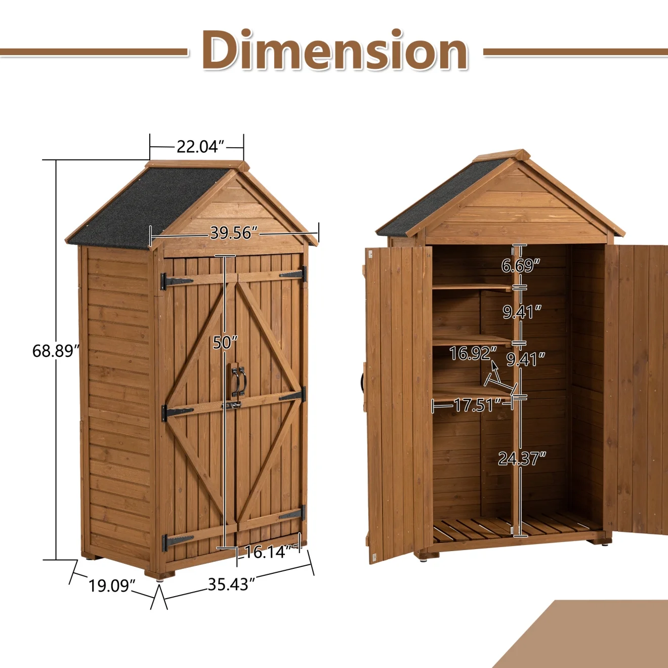 Outdoor Storage Cabinet. Garden Wood Tool Shed. Outside Wooden Shed Closet with Shelves and Latch for Yard. Patio. Deck and Porch (Brown)