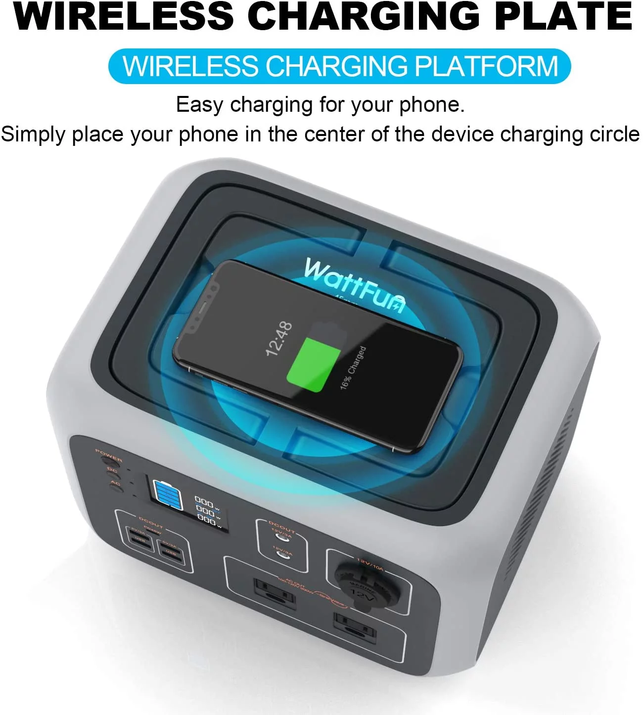 WattFun Portable Power Station. 500Wh Solar Generator Wireless Charging. Backup Battery Dual 110V/300W Pure Sine Wave AC Outlet. Type-C PD45W. 4 USB Ports for CPAP Camping Outdoors Travel Home