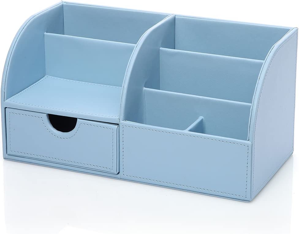 KINGFOM Pu Leather Desk Organizer Pen Pencil Holder Office Supplies Caddy Storage Box 6 Compartments with Drawer Blue