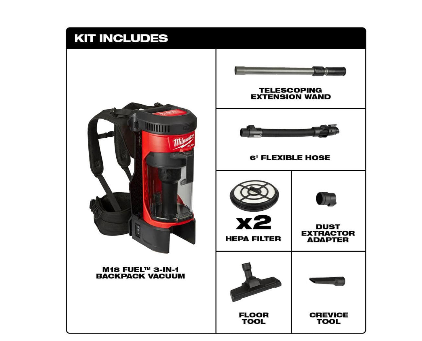 Milwaukee 0885-20-49-90-1963 M18 FUEL 18-Volt Lithium-Ion Brushless 1 Gal. Cordless 3-in-1 Backpack Vacuum with Extra HEPA Filter