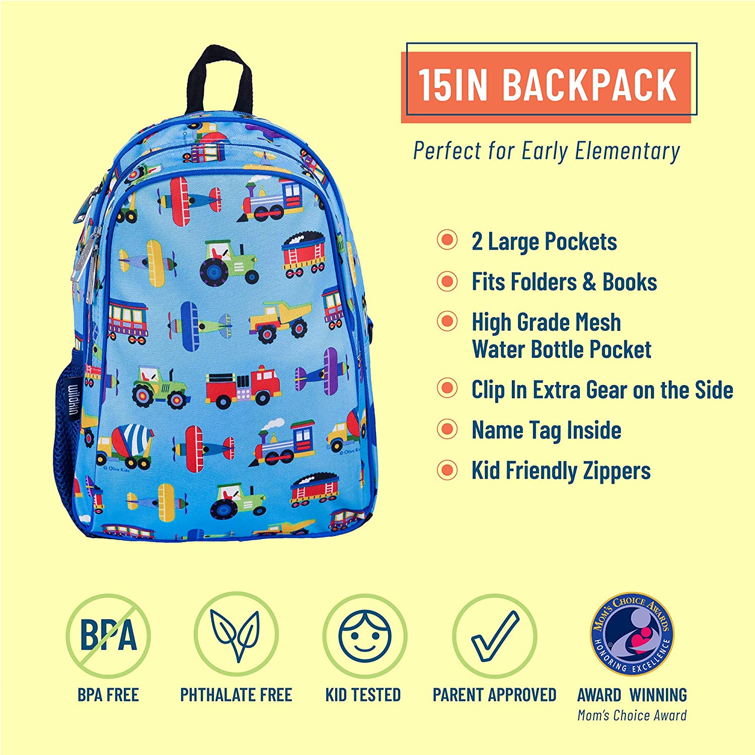 Wildkin 15-Inch Kids Backpack for Boys & Girls, Perfect for Early Elementary, Backpack for Kids Features Padded Back & Adjustable Strap, Ideal for School & Travel Backpacks(Trains, Planes, and Trucks)