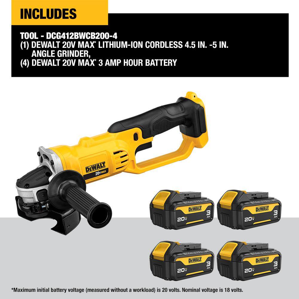 DEWALT DCG412BWCB200-4 20V MAX Lithium-Ion Cordless 4.5 in. – 5 in. Angle Grinder with (4) 20V 3.0 Ah MAX Premium Battery Packs